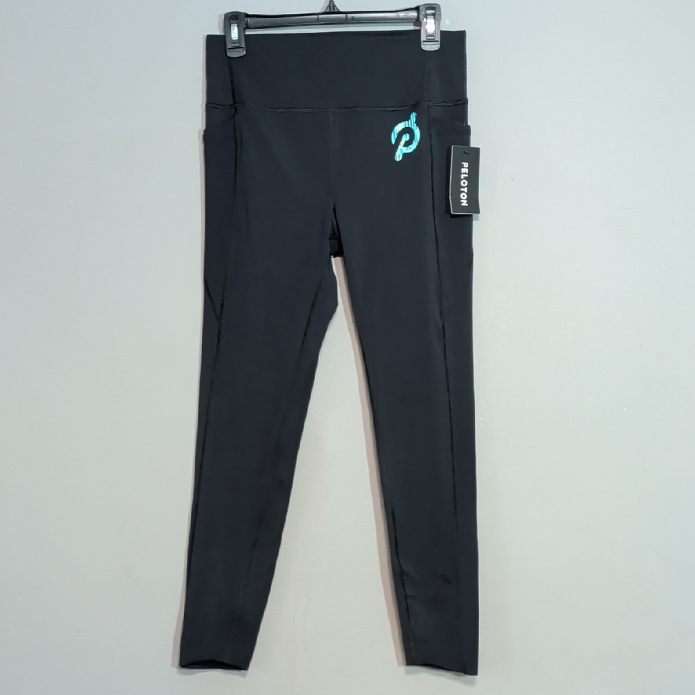 Peloton Essential High Rise Pocket Tulip Hem Black Leggings with Aqua Logo Large